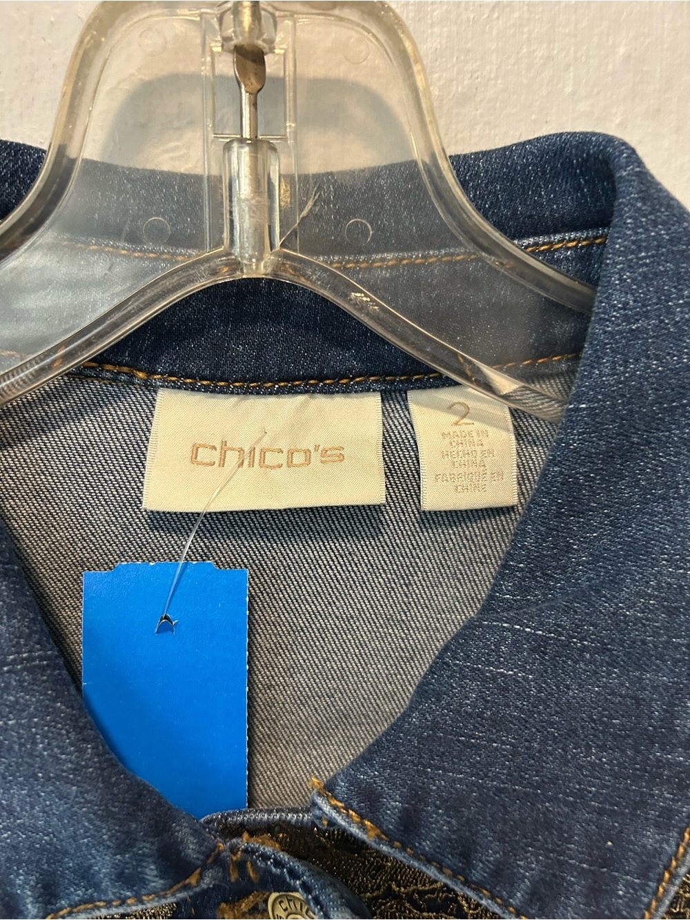 Chico's Dark Blue Denim Jacket with Gold Lace and Trim - Picture 2 of 7